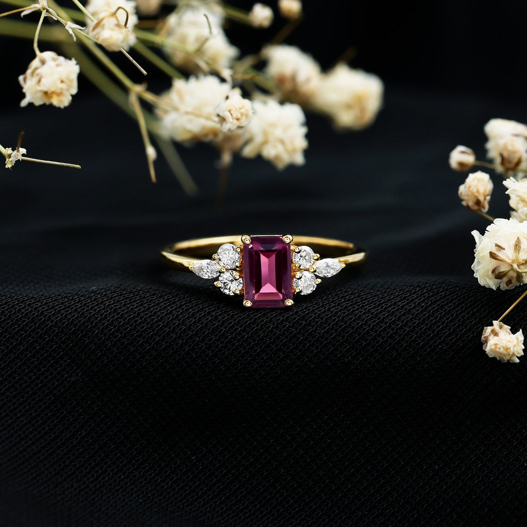Certified Rhodolite Emerald Cut Engagement Ring with Diamond Trio