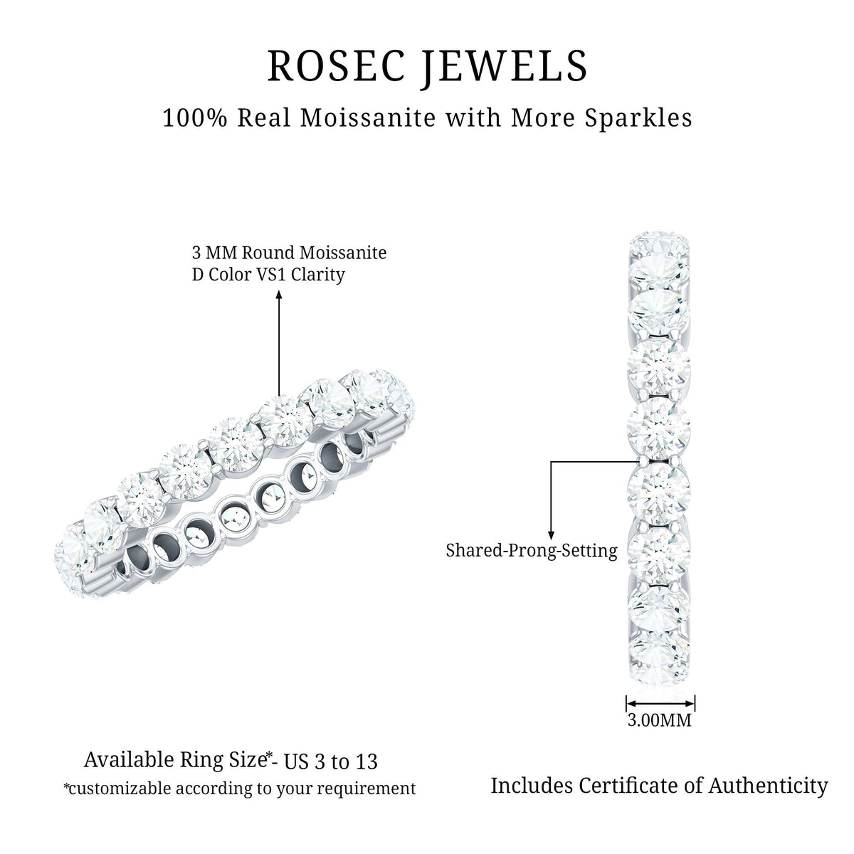 Certified Round Moissanite Eternity Wedding Band Ring