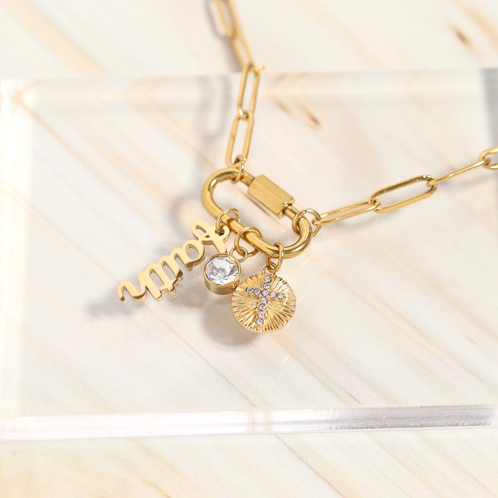 Carabiner Charm Necklace – 18K Gold Paperclip Chain With Sunburst Cross Pendant