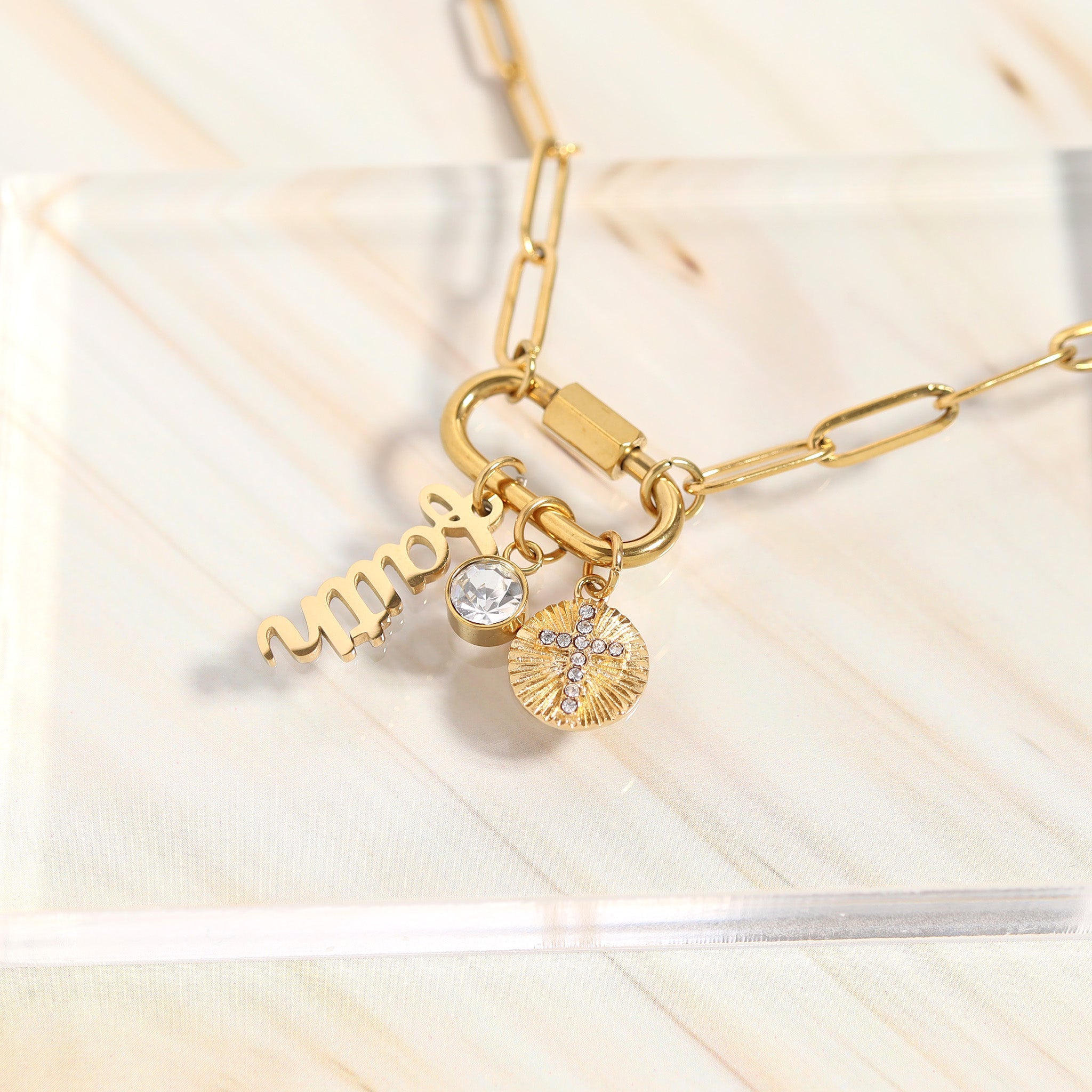 Carabiner Charm Necklace – 18K Gold Paperclip Chain With Sunburst Cross Pendant