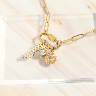 18K Gold PVD Stainless Steel Carabiner Faith Charm Paperclip Necklace