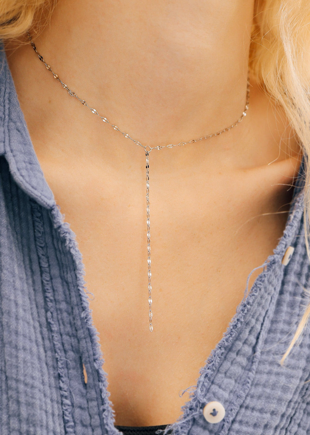 18K Gold Lariat Necklace – Stainless Steel Singapore Chain With Drop Pendant