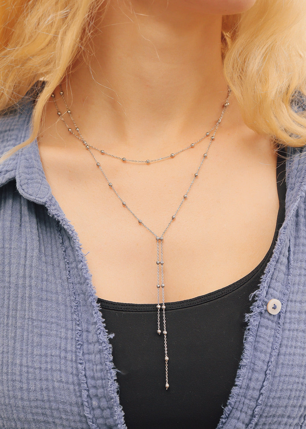 18K Gold Lariat Necklace – Layered Satellite Chain, Hypoallergenic Stainless Steel Jewelry