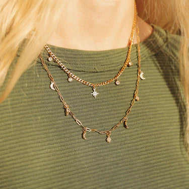 Stainless Steel Moon & Compass Star Charm Necklace