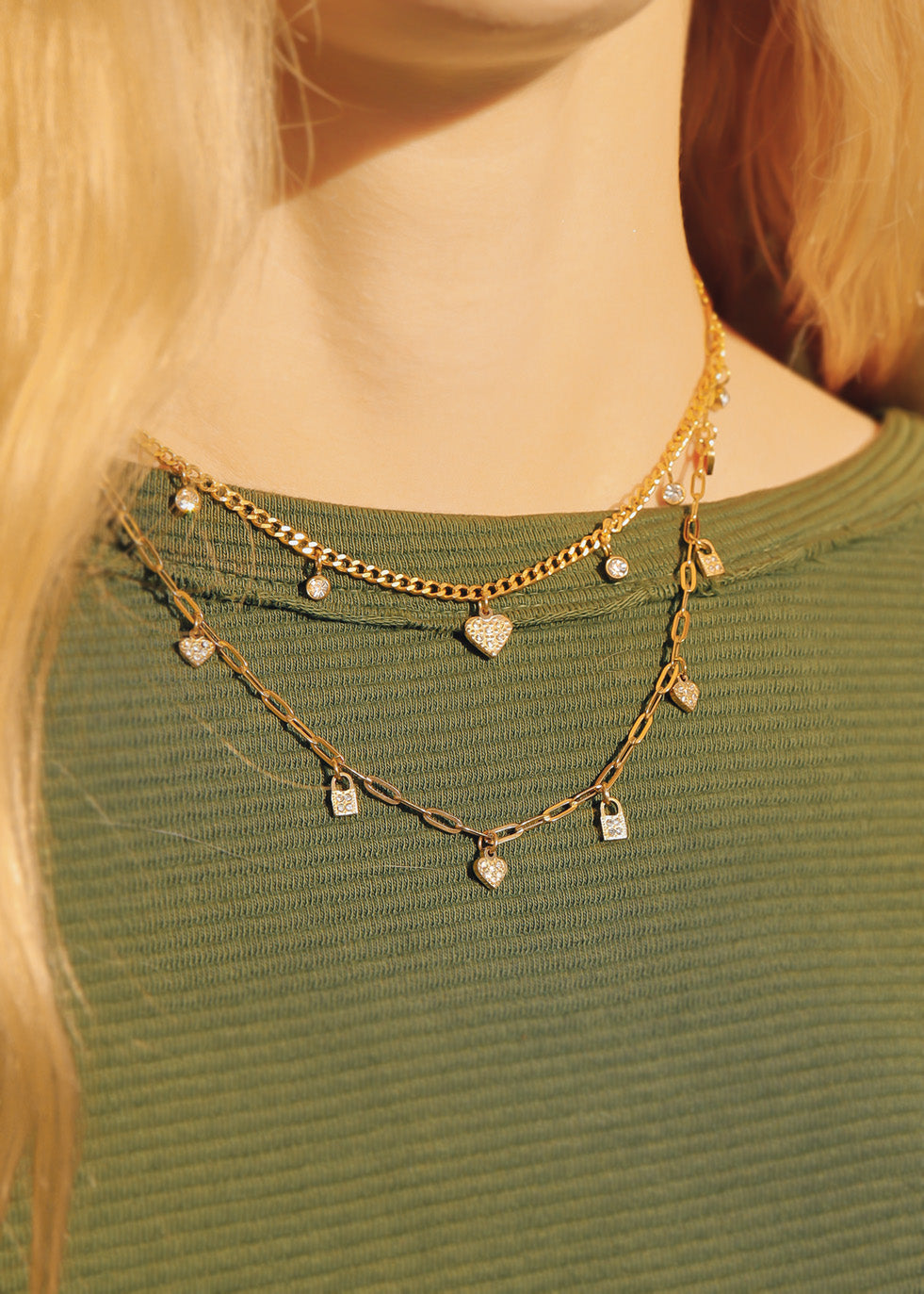 Heart Lock Charm Necklace – Two Row Convertible Stainless Steel Necklace with Crystal Charms