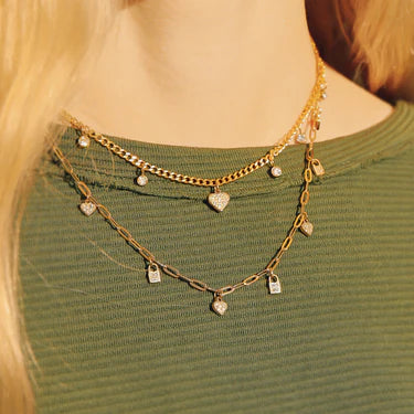 Stainless Steel 2 Row Heart & Lock Charm Necklace