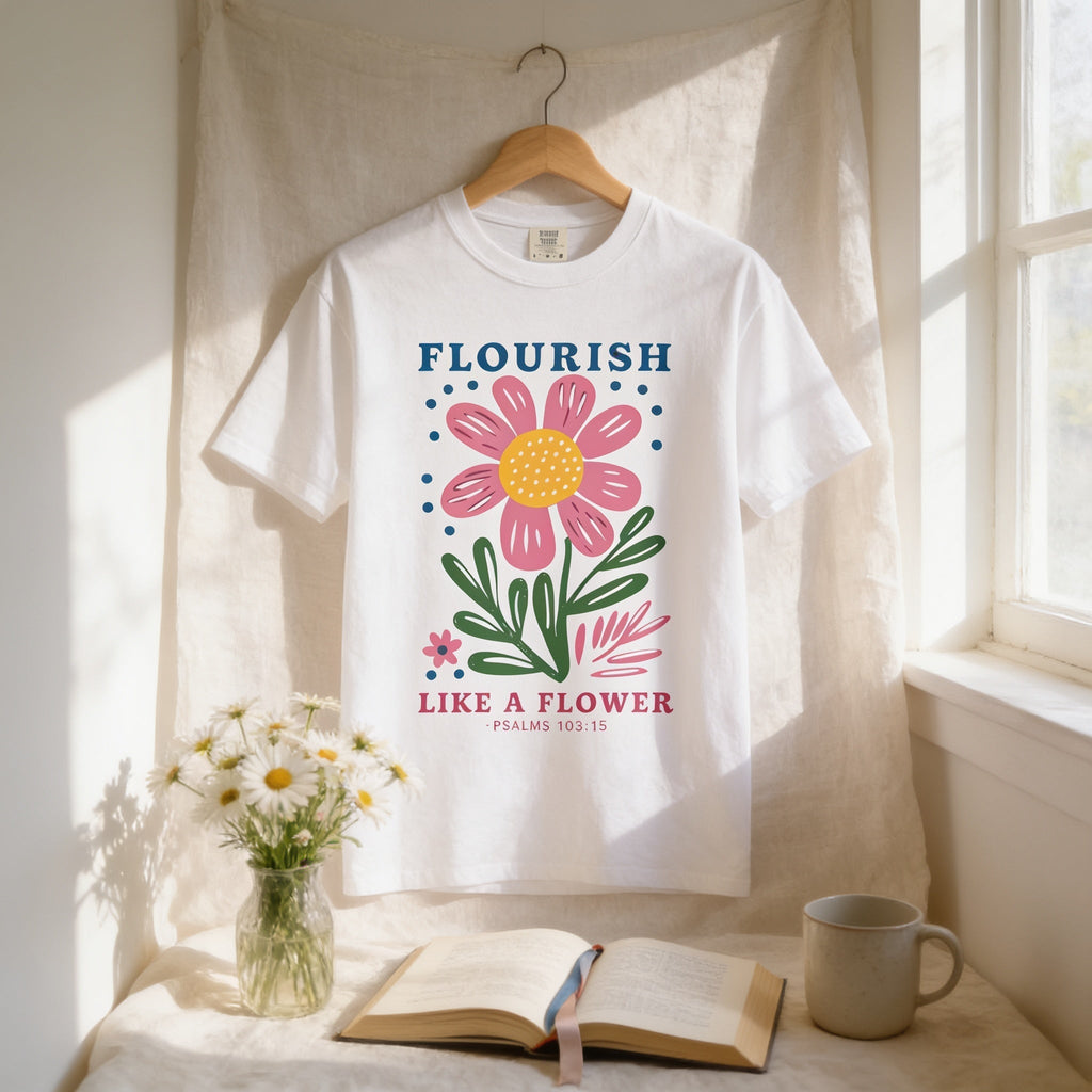 Christian Flower Tee – Uplifting Faith T-Shirt With Hand-Drawn Florals & Scripture - T-Shirt | Sunflower Soul Boutique