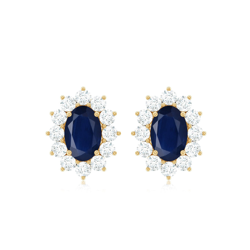 Classic Blue Sapphire Stud Earrings with Diamond Halo