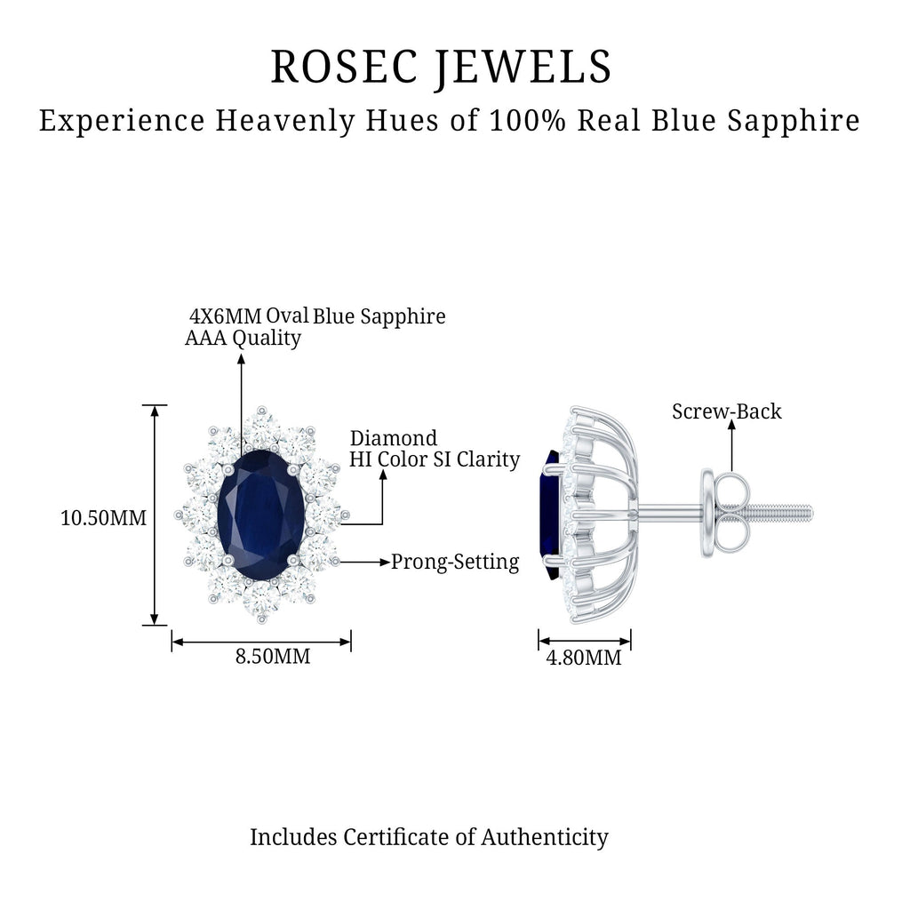 Classic Blue Sapphire Stud Earrings with Diamond Halo