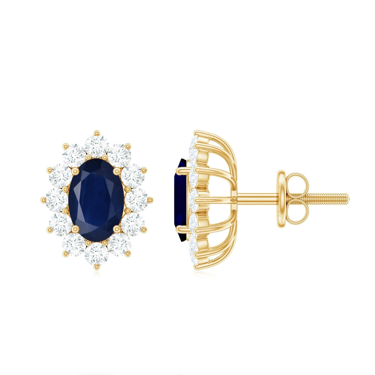 Classic Blue Sapphire Stud Earrings with Diamond Halo