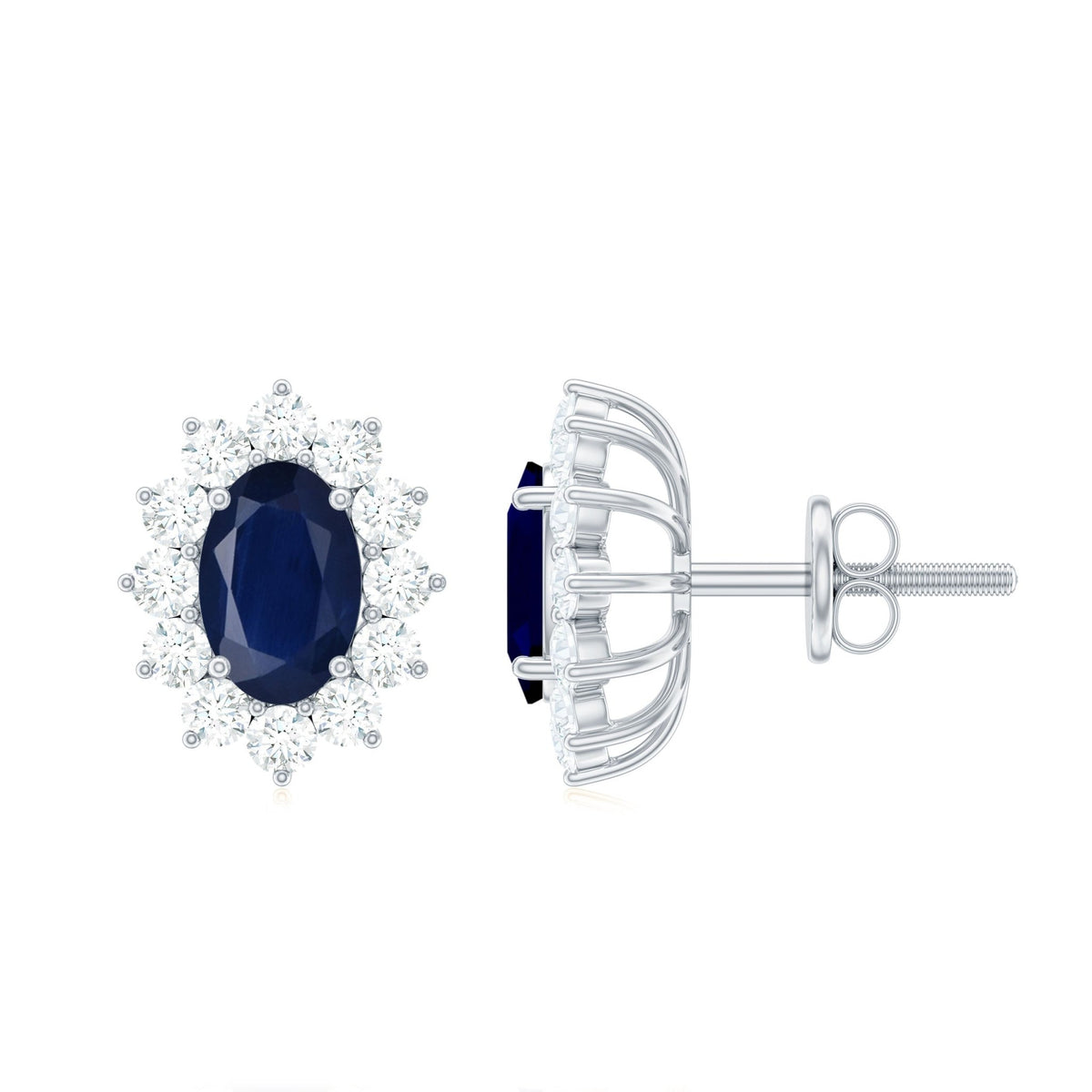 Classic Blue Sapphire Stud Earrings with Diamond Halo