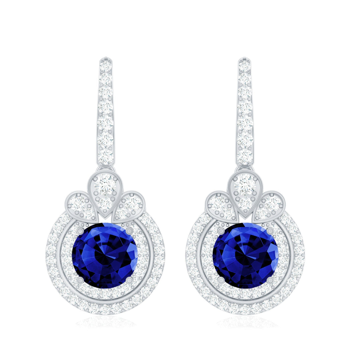 Classic Lab Grown Blue Sapphire Wedding Earrings with Diamonds Halo