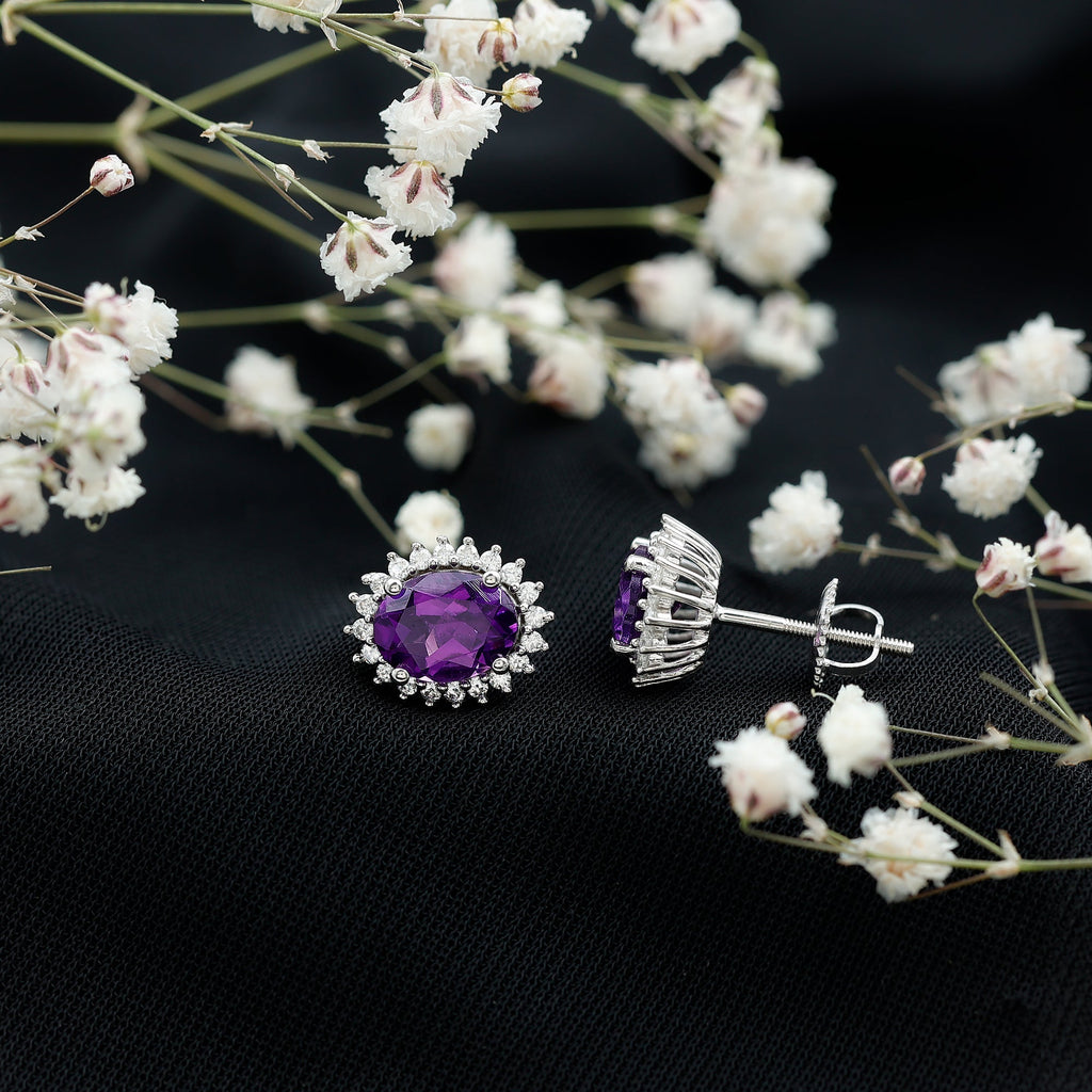 Classic Oval Amethyst Stud Earrings with Moissanite Halo