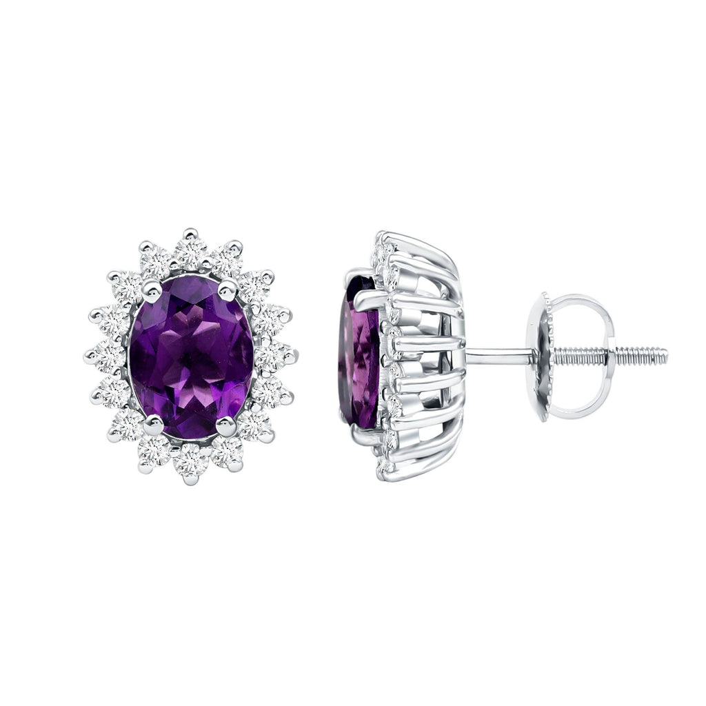 Classic Oval Amethyst Stud Earrings with Moissanite Halo