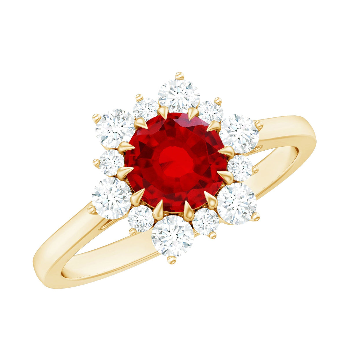 Claw Set Lab Grown Ruby and Diamond Halo Engagement Ring