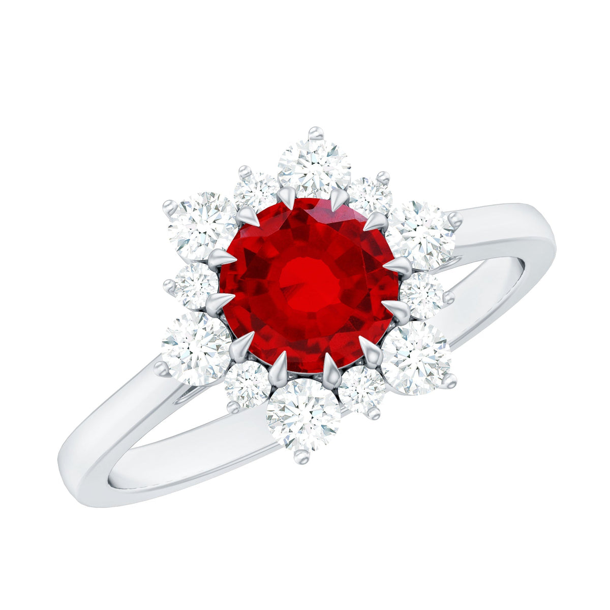 Claw Set Lab Grown Ruby and Diamond Halo Engagement Ring