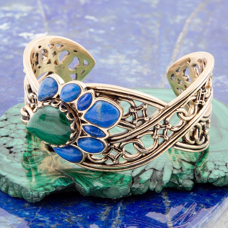 Cognate Green Malachite and Blue Lapis Golden Cuff Bracelet
