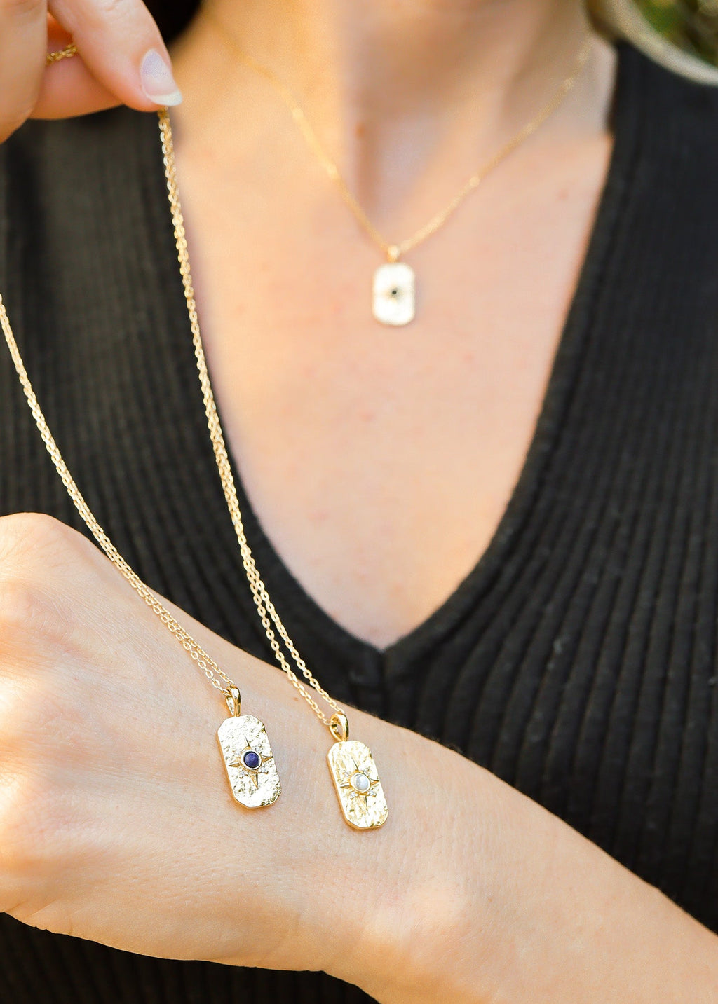 Compass Star Necklace, 14K Gold Plated Sterling Silver, Onyx