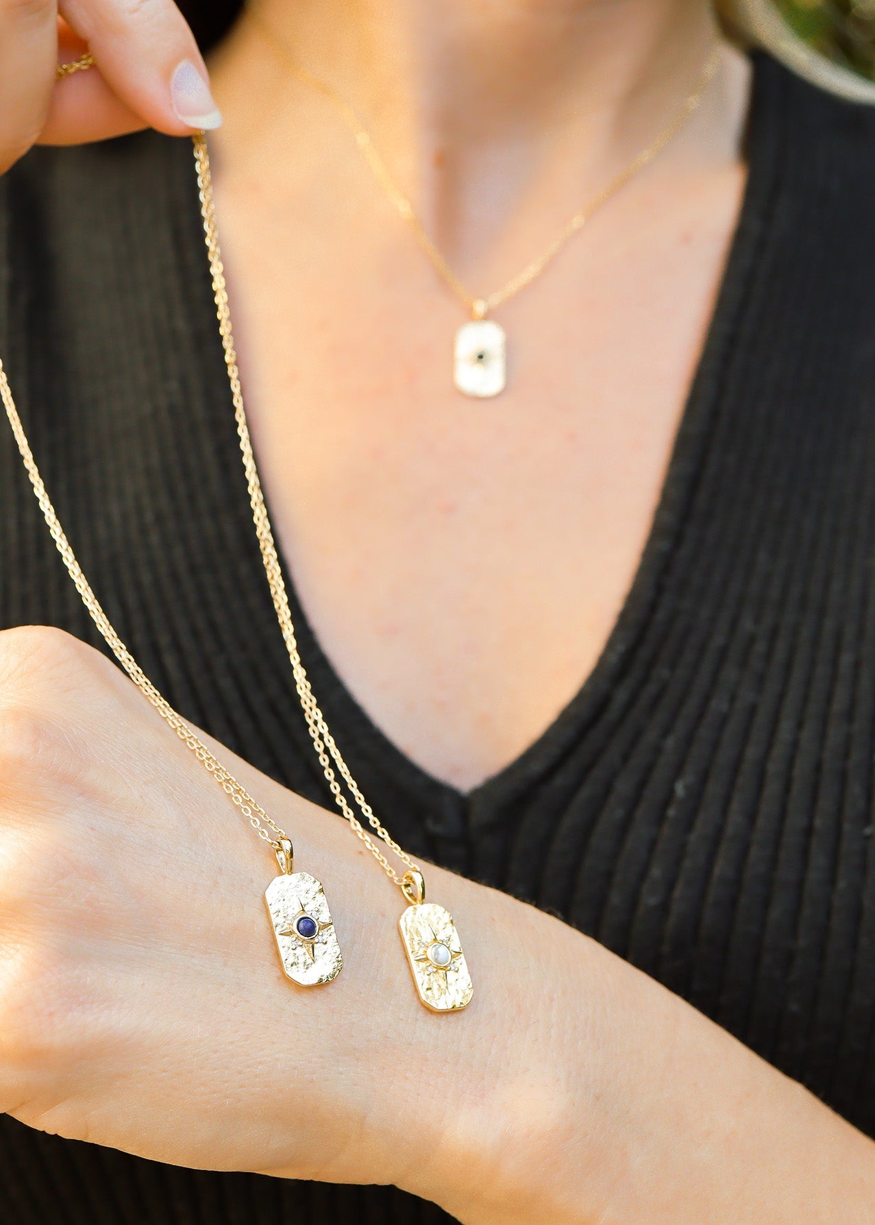Compass Star Necklace, 14K Gold Plated Sterling Silver, Onyx