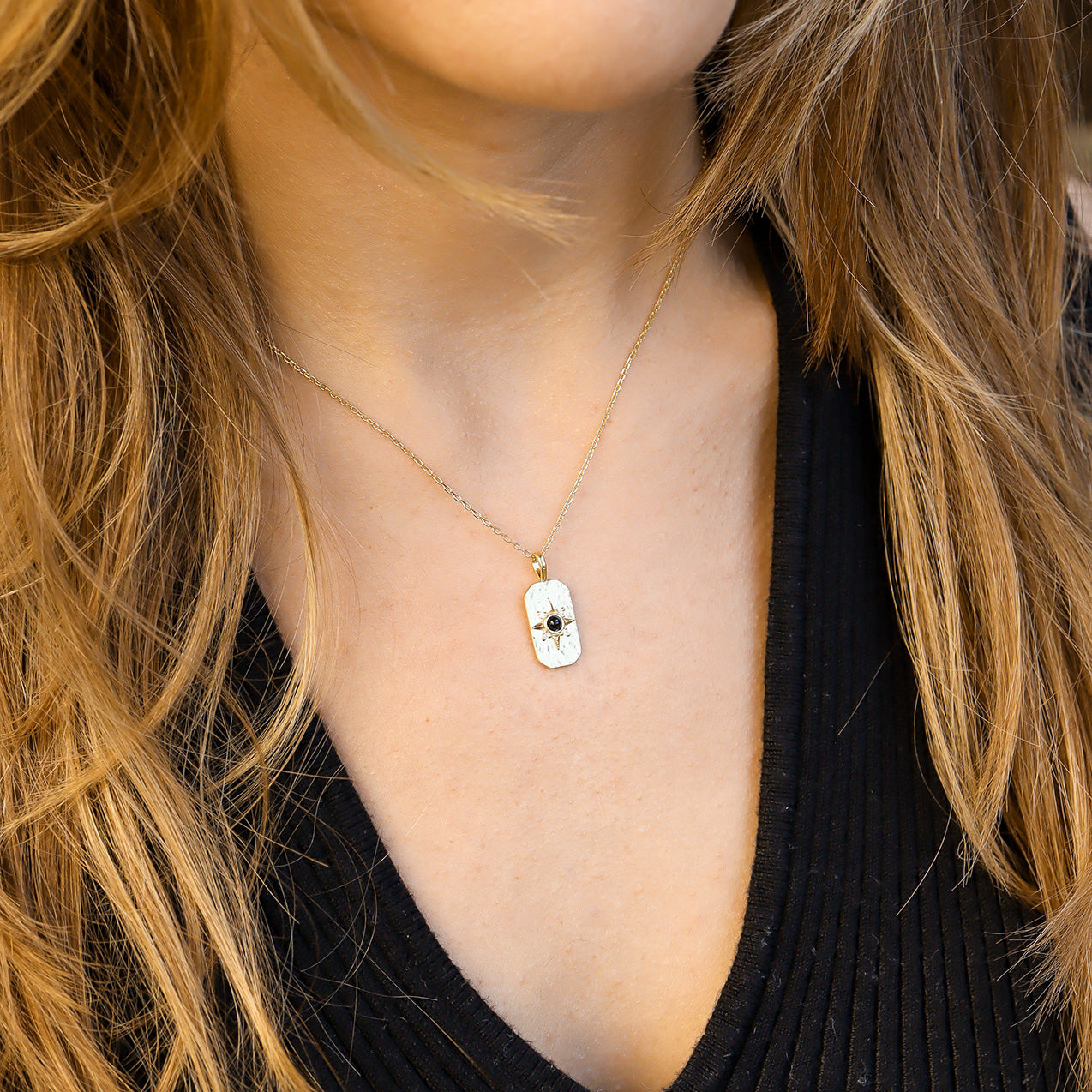 Compass Star Necklace, 14K Gold Plated Sterling Silver, Onyx