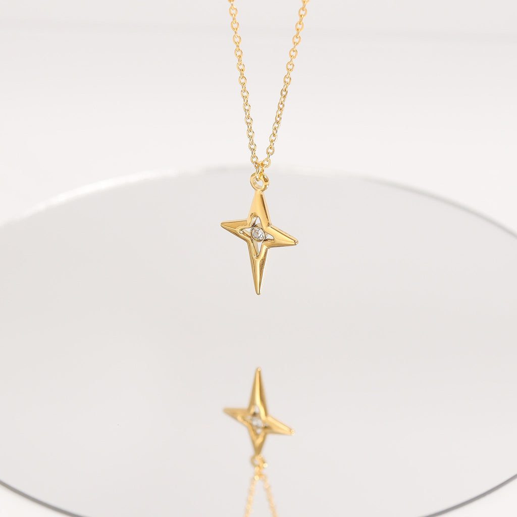 Gold Compass Charm – 18K Gold PVD Pendant With Cubic Zirconia Star Accent