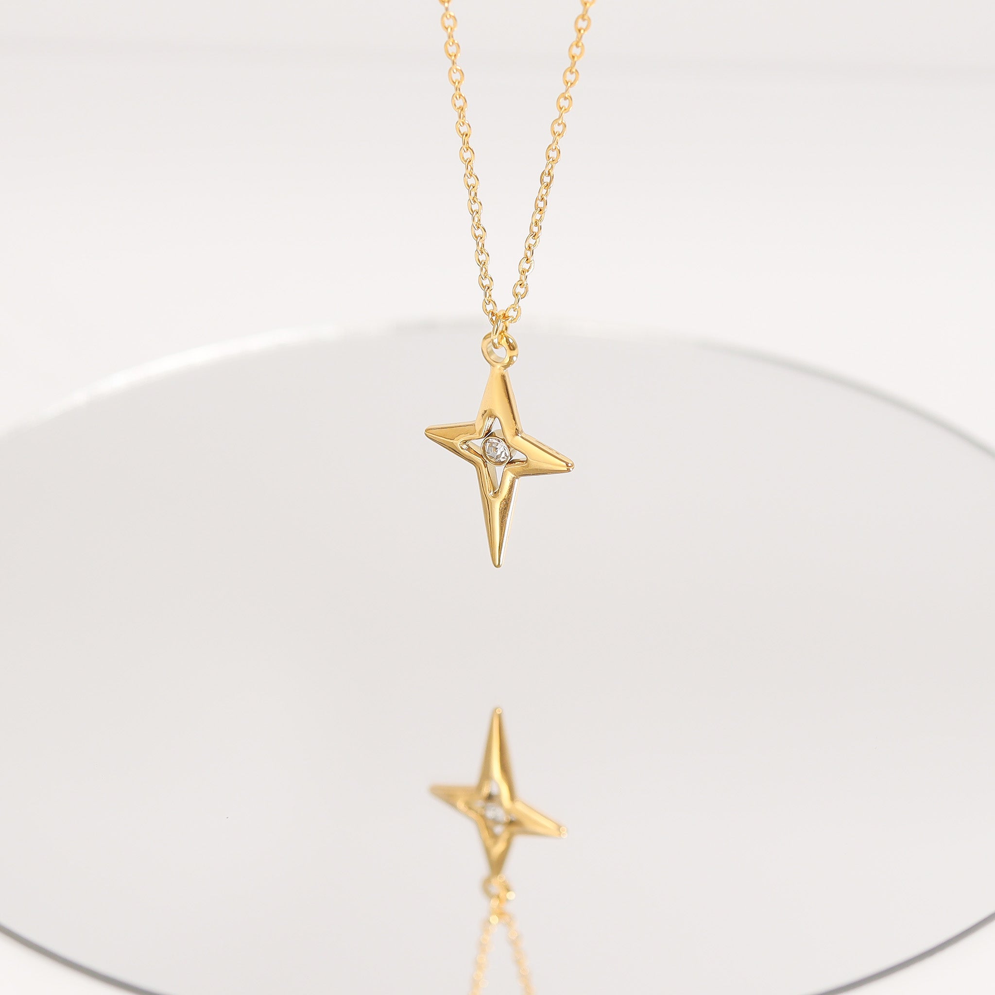 Gold Compass Charm – 18K Gold PVD Pendant With Cubic Zirconia Star Accent