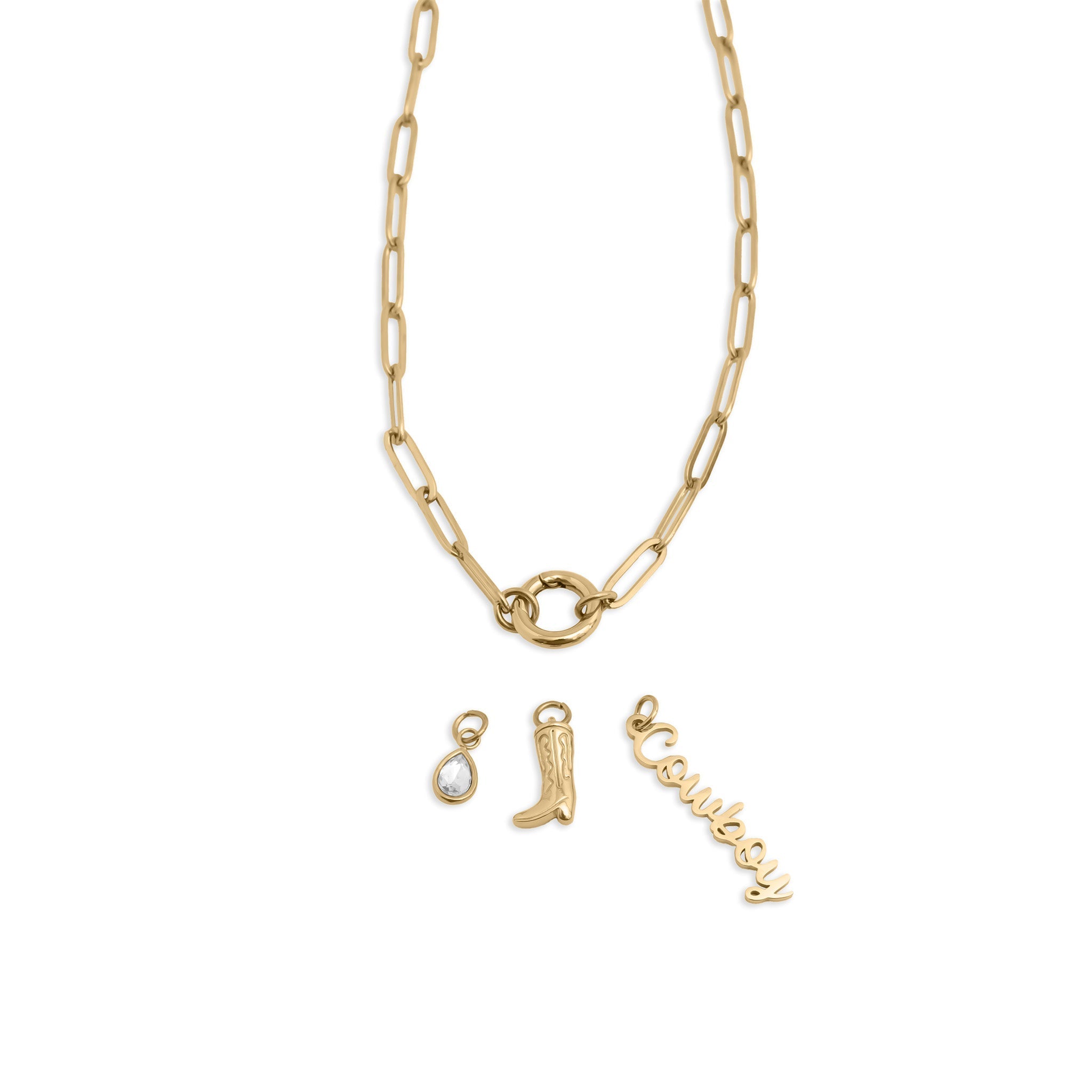 Cowboy Charm Necklace – 18K Gold Stainless Steel Paperclip Charm Holder Set - Charm Necklace | Sunflower Soul Boutique