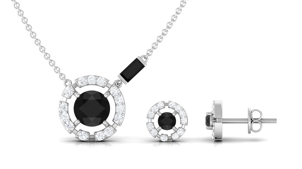 Created Black Diamond and Diamond Halo Necklace Earrings Set