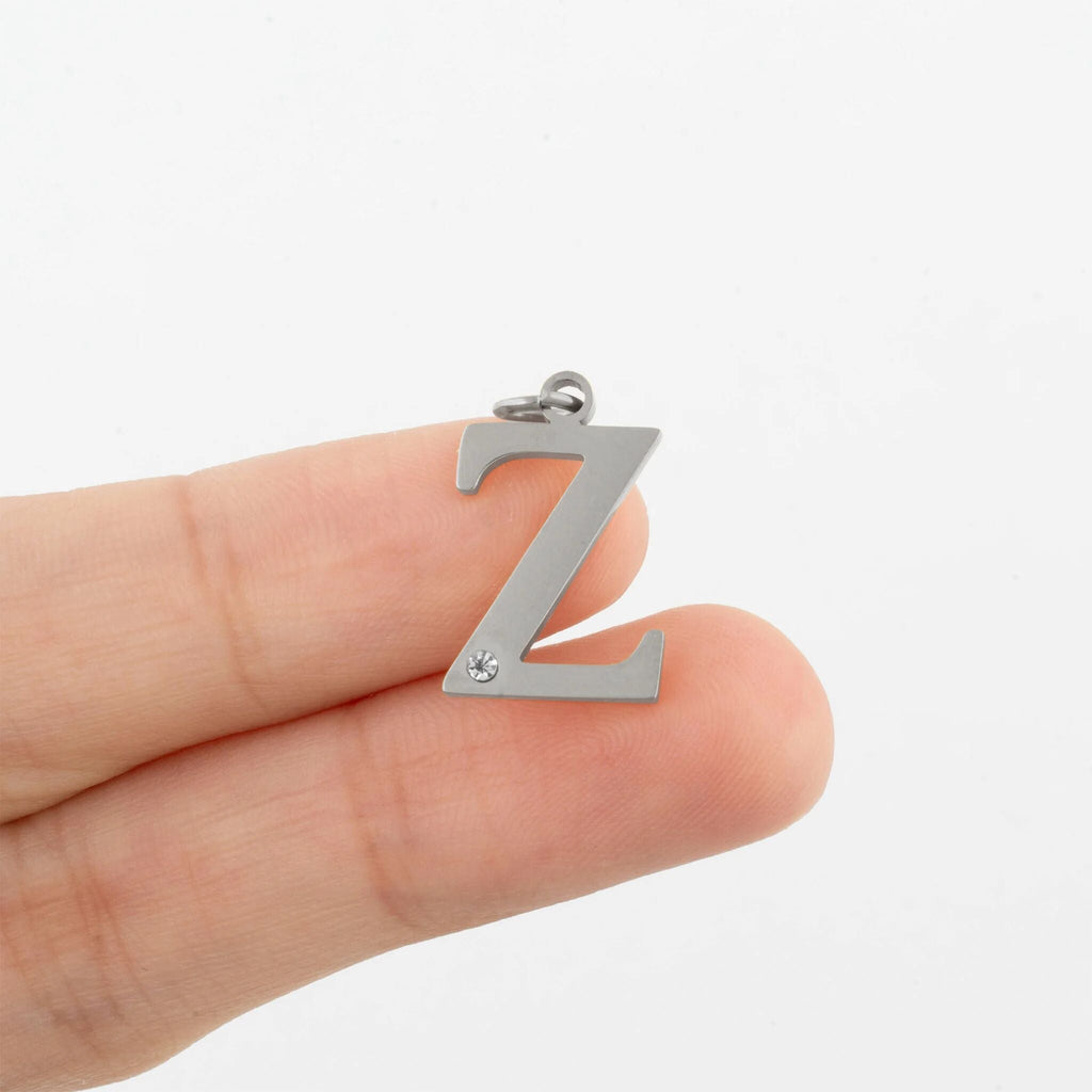Stainless Steel Letter with Crystal Charm 15mm- scale shot 
