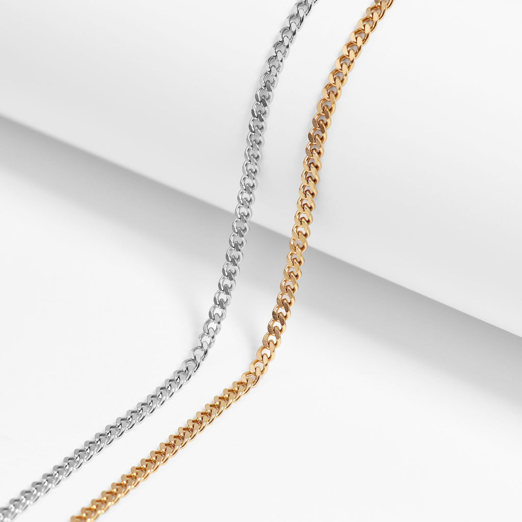 18K Gold Curb Chain – Diamond Cut Flat Stainless Steel Necklace with Lobster Claw Clasp