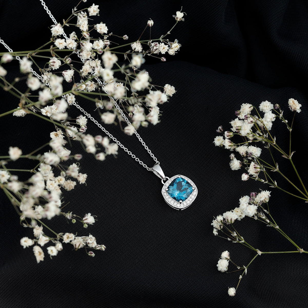 Cushion Cut 2.8 Carat London Blue Topaz Pendant with Diamond Halo