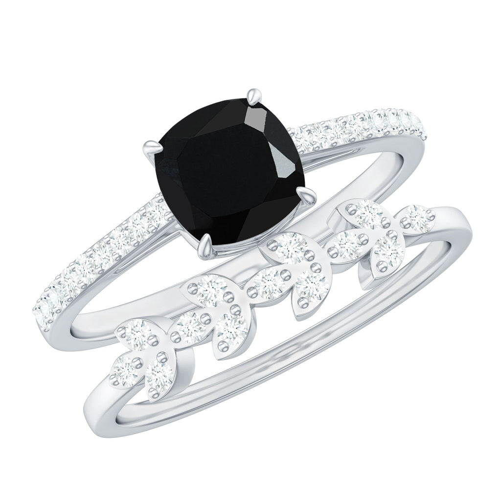Cushion Cut Black Onyx and Diamond Engagement Ring with Leaf Wedding Band