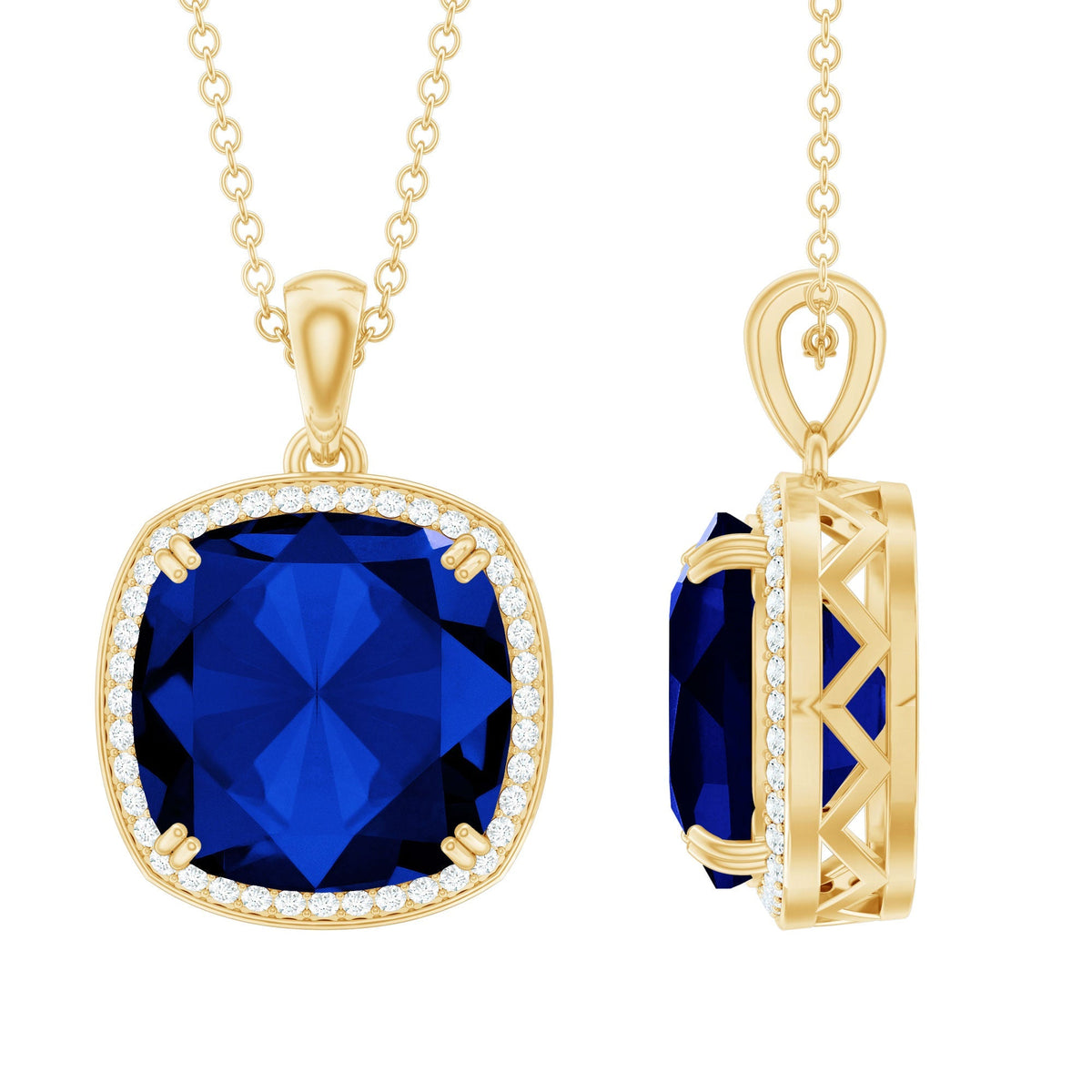 Cushion Cut Created Blue Sapphire and Diamond Halo Pendant Necklace