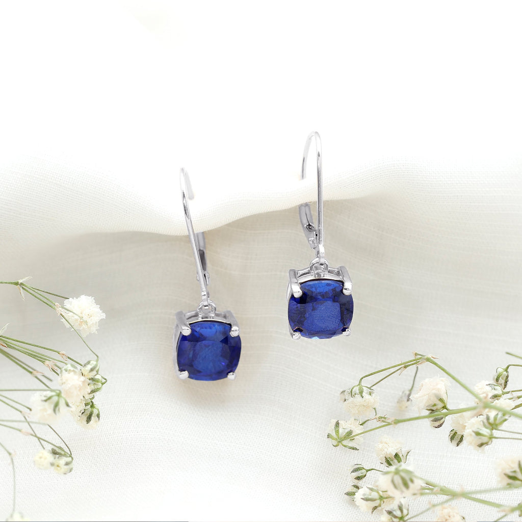 Cushion Cut Lab Grown Blue Sapphire Drop Hoop Earrings