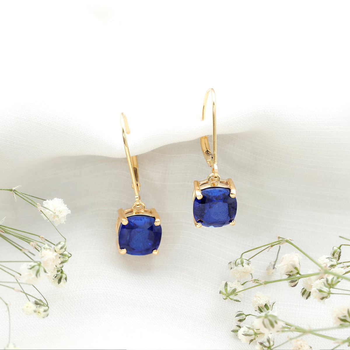 Cushion Cut Lab Grown Blue Sapphire Drop Hoop Earrings