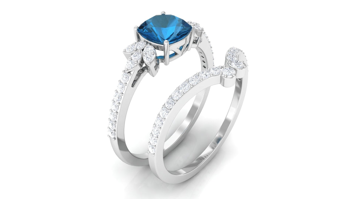 Cushion Cut London Blue Topaz Designer Wedding Ring Set with Diamond Band