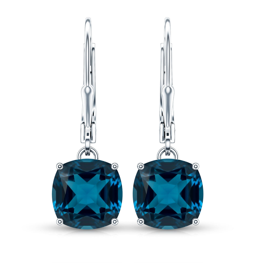 Cushion Cut London Blue Topaz Solitaire Drop Earrings