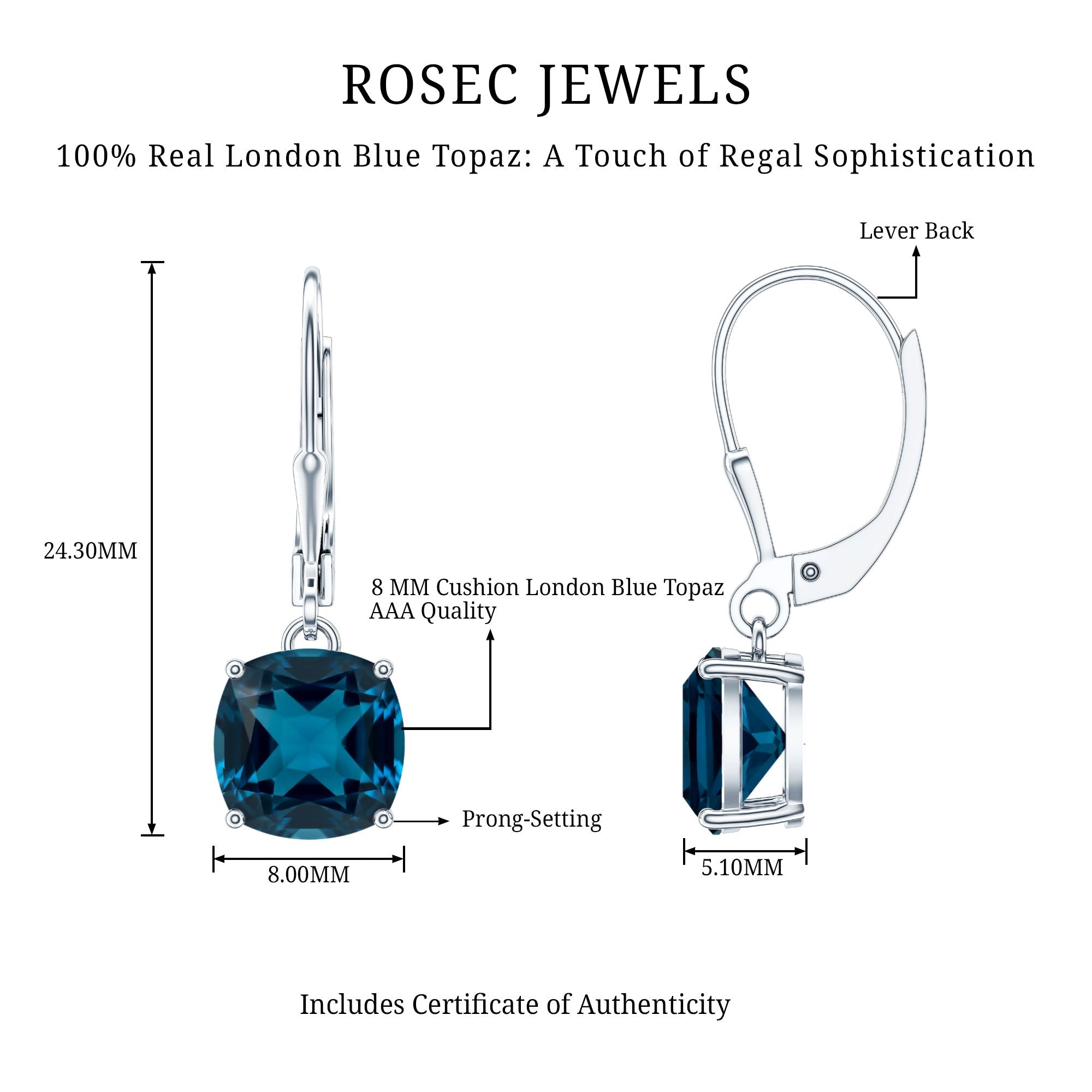 Cushion Cut London Blue Topaz Solitaire Drop Earrings