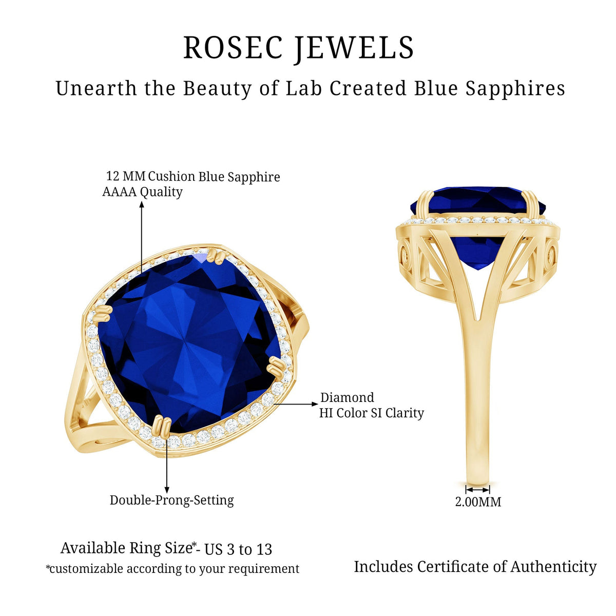 Cushion Cut Sapphire Ring, Lab Grown Blue Sapphire Diamond Ring
