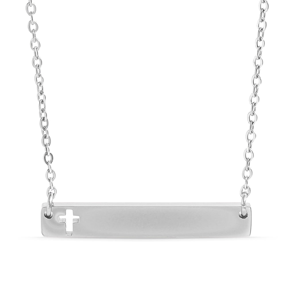 Cutout Cross Necklace – Stainless Steel Engraved Bar Pendant with 18 Inch Chain - Necklaces | Sunflower Soul Boutique