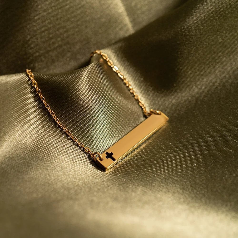Cutout Cross Necklace – Stainless Steel Engraved Bar Pendant with 18 Inch Chain - Necklaces | Sunflower Soul Boutique