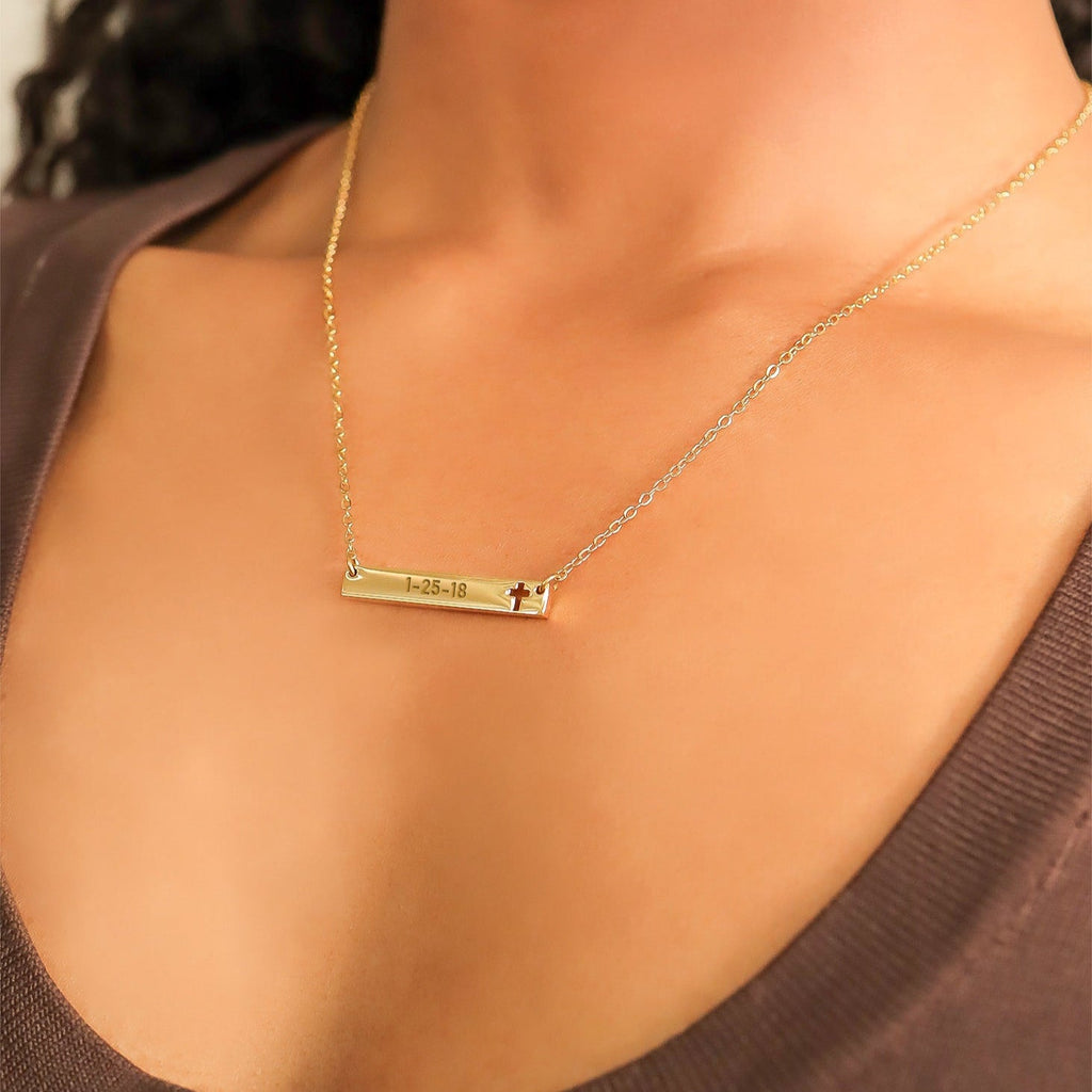 Cutout Cross Necklace – Stainless Steel Engraved Bar Pendant with 18 Inch Chain - Necklaces | Sunflower Soul Boutique
