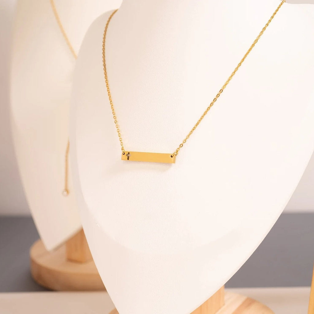 Cutout Cross Necklace – Stainless Steel Engraved Bar Pendant with 18 Inch Chain - Necklaces | Sunflower Soul Boutique