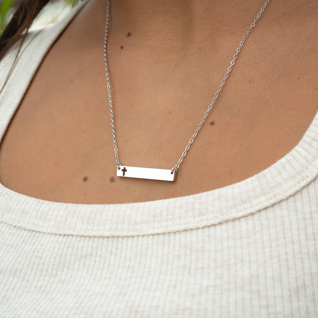 Cutout Cross Necklace – Stainless Steel Engraved Bar Pendant with 18 Inch Chain - Necklaces | Sunflower Soul Boutique