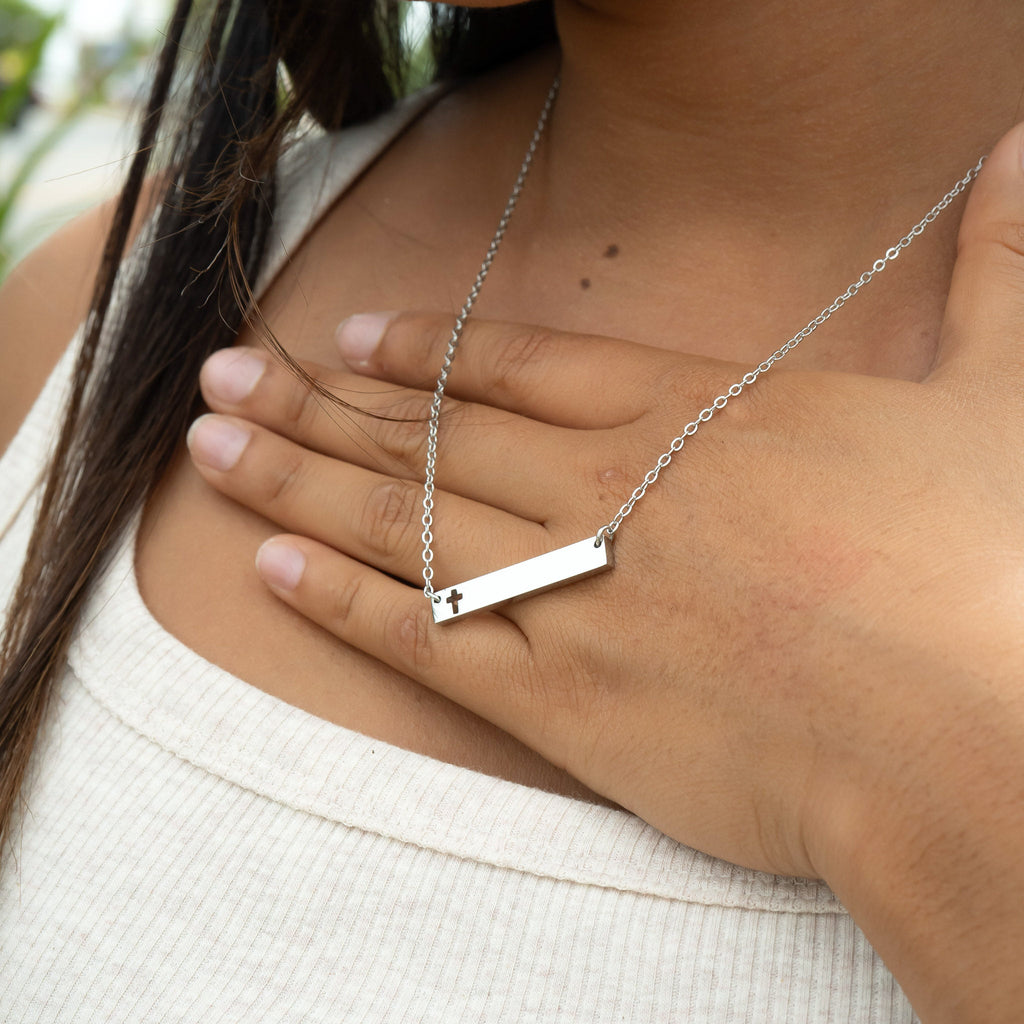 Cutout Cross Necklace – Stainless Steel Engraved Bar Pendant with 18 Inch Chain - Necklaces | Sunflower Soul Boutique