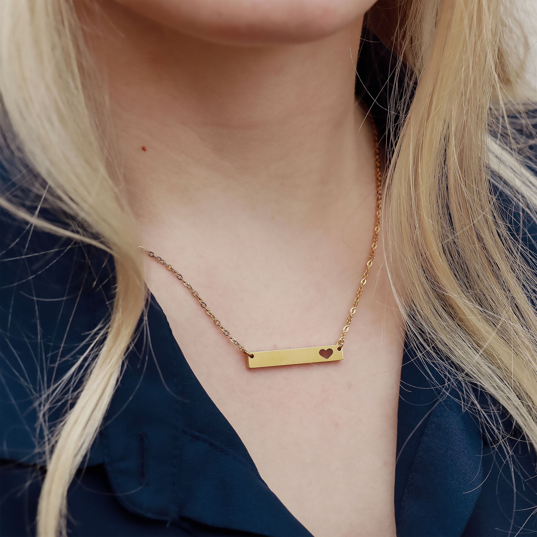 Cutout Heart Bar Necklace – Durable Gold Stainless Steel Engraved Jewelry - Necklaces | Sunflower Soul Boutique