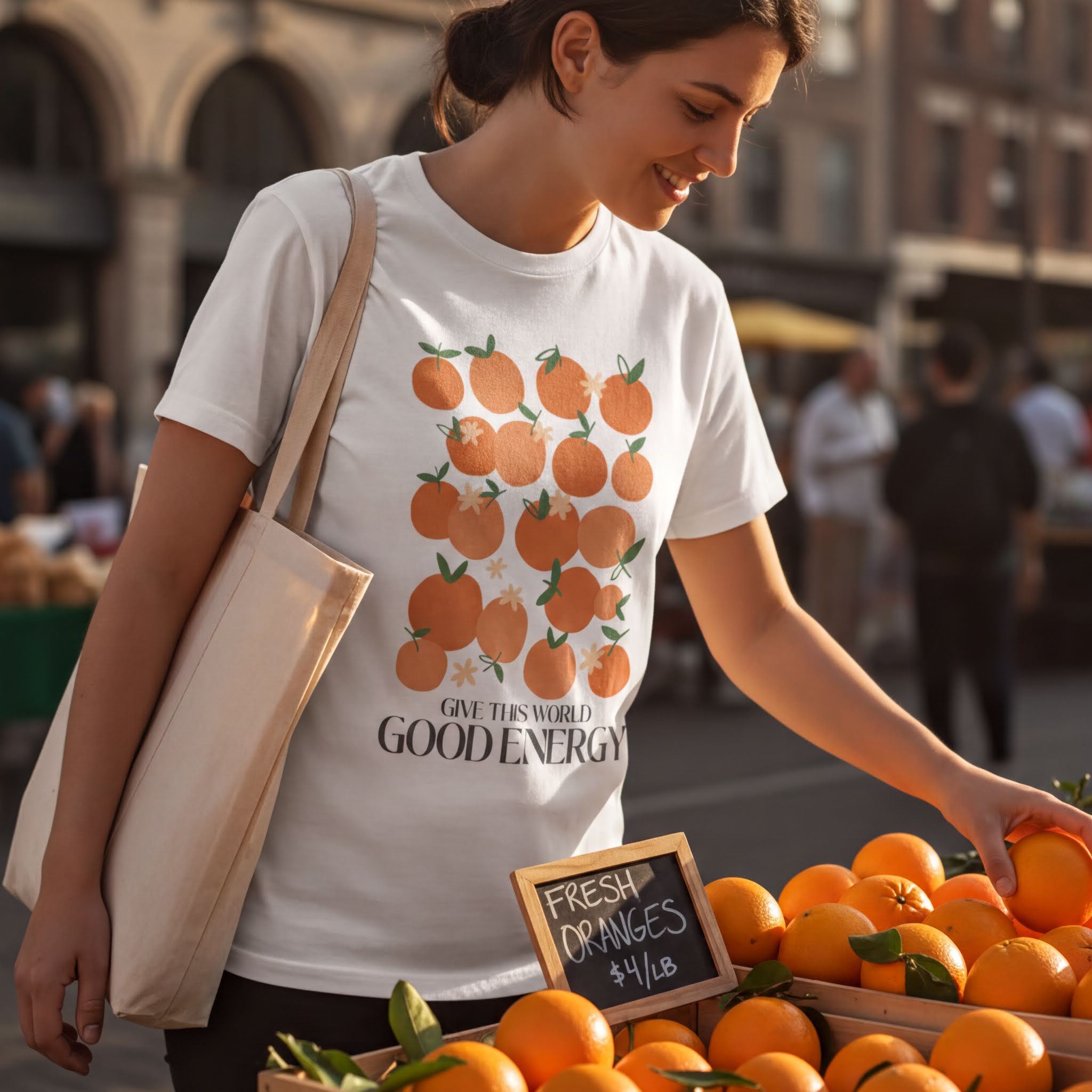 A woman is standing in front of a table filled with oranges, examining and selecting some of the fruit.