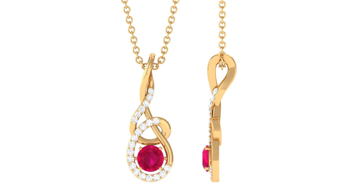 Designer Round Ruby and Diamond Twisted Drop Pendant