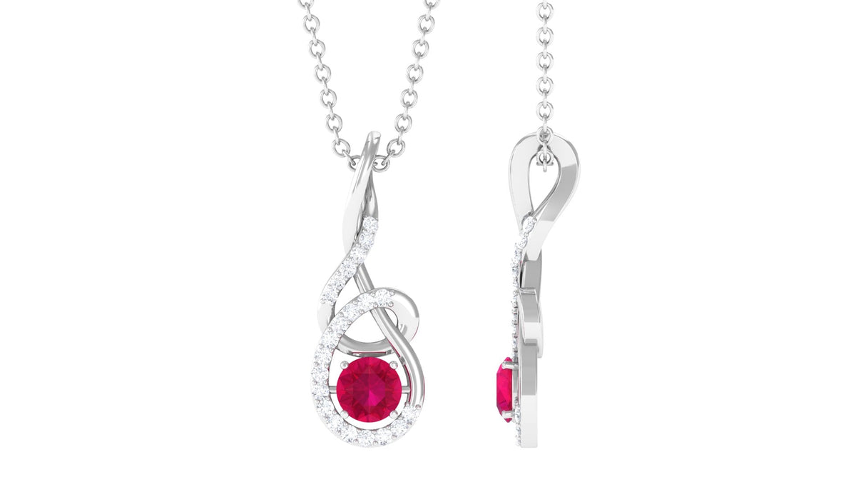 Designer Round Ruby and Diamond Twisted Drop Pendant