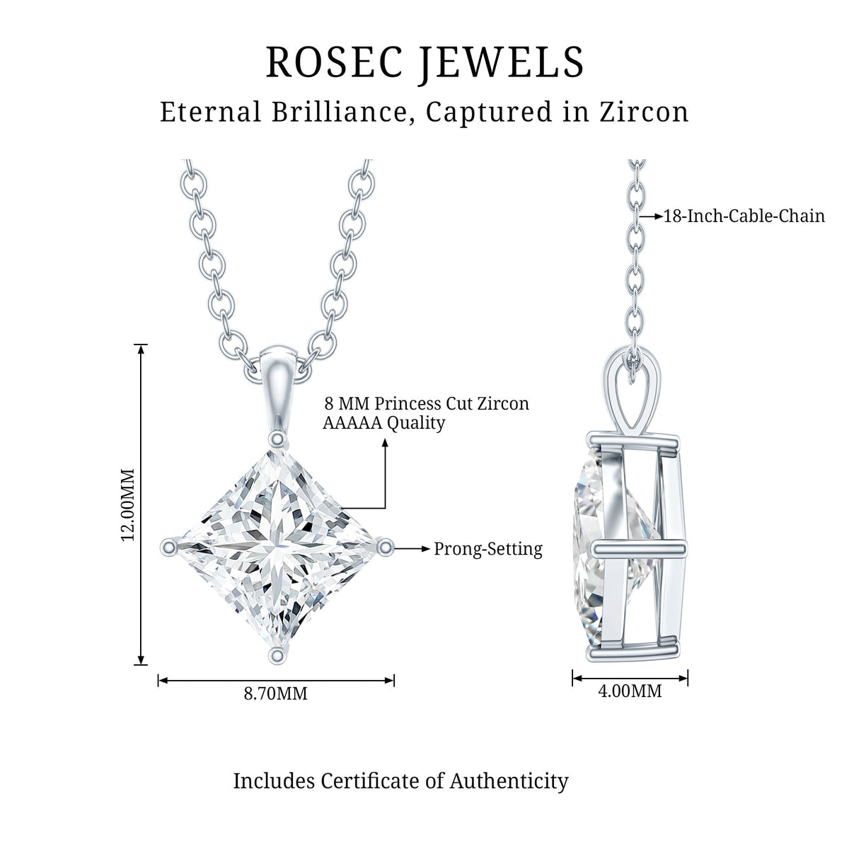 Diagonal Set 3 Carat Cubic Zirconia Princess Cut Necklace With Chain